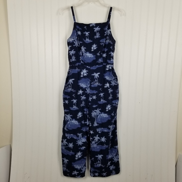 Romper Linen Smocked Wide Leg Cropped Pockets Blue Jumpsuit Scenic Print - Picture 13 of 13